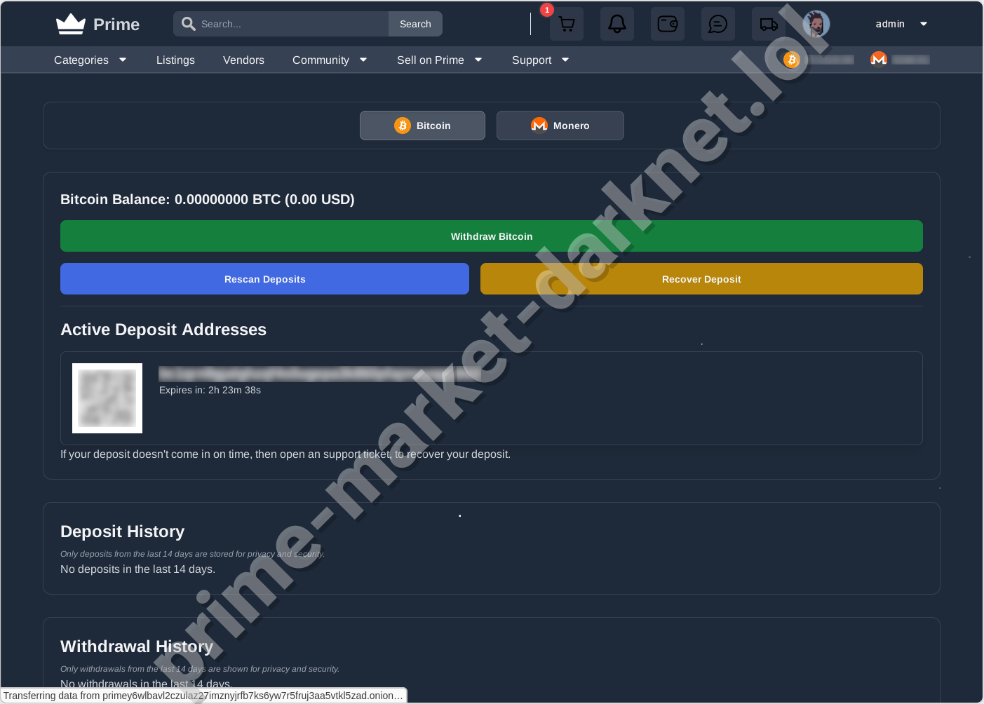 Bitcoin BTC on Prime Darknet Market